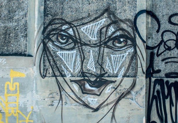Black line anser face on grey concrete wall.  Some white horizontal lines on nose, cheeks and forehead. 