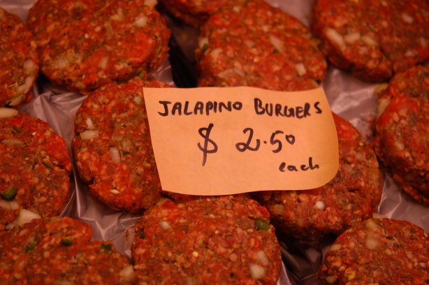 burger patties for sale, label says jalapeno burgers $2.50 each