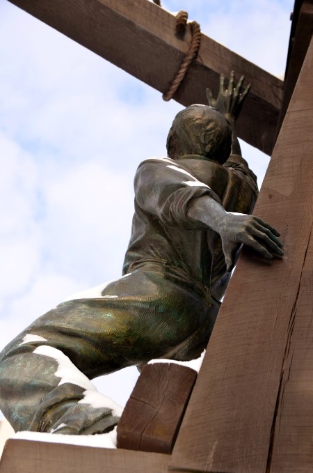 Chinese Railway Workers' Memorial, 1989, by Eldon Garnet and Francis Le Bouthillier. Located south of the train tracks and north of Lake Ontario, where Blue Jays Way meets Navy Wharf Court. "Dedicated to the Chinese railway workers who helped construct the CPR through the Rocky Mountains of Alberta and British Columbia"