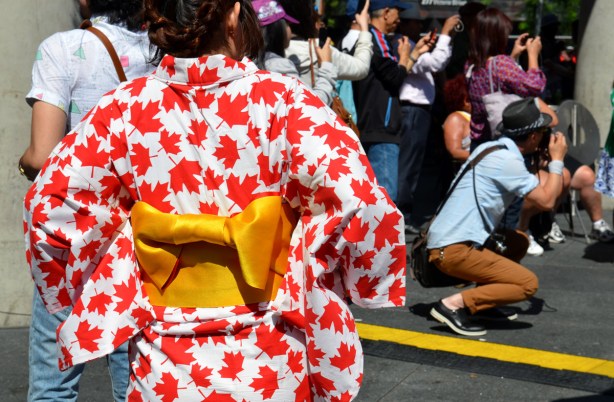 A woman wearing a kimono made of fabric that is covered with red maple leaves.