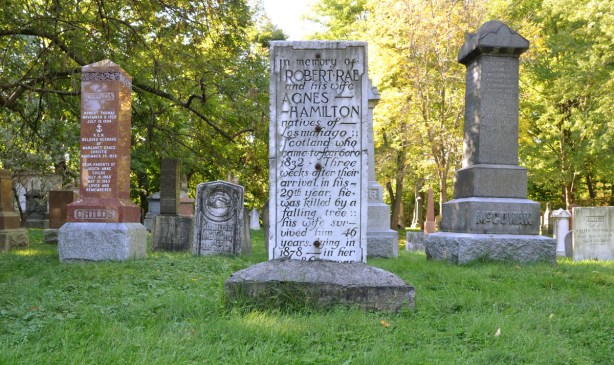 Robert Rae and Agnes Hamilton "natives of Lesmahago Scotland who came to Scarboro in 1832. Three weeks after their arrival, in his 29th year, he was killed by a falling tree :: his wife survived him 46 years, dying in 1878 - in her (86?)th year."