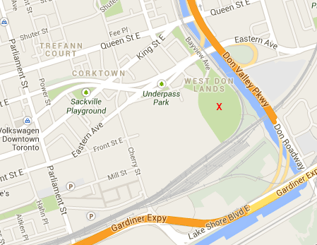 A map, screenshot from google maps, of West Don Lands and vicinity.  
