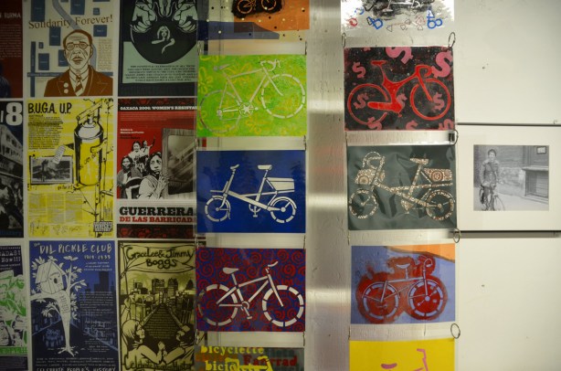 An art installation featuring pictures of bicylces. Multicoloured.