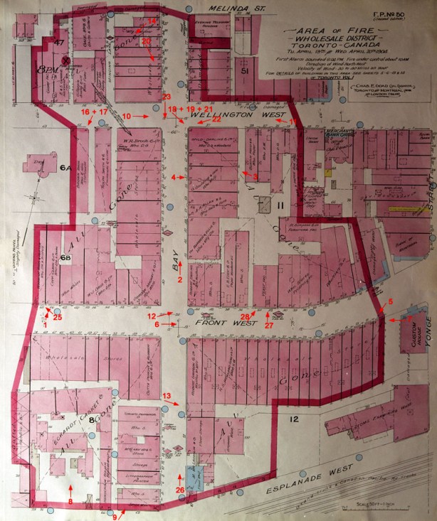 street map of downtown Toronto showing the buildings that were affected by the fire of 1904. 