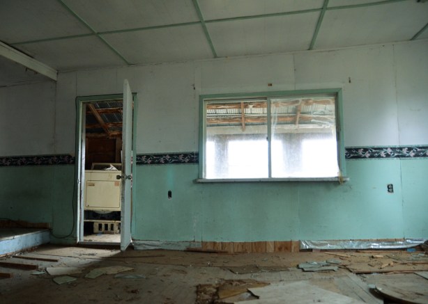 Empty room with walls that are white on top and green on the bottom. 