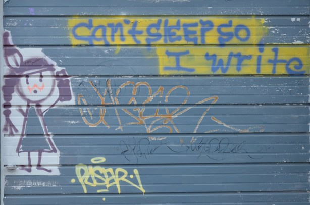 Blue garage door with the words can't sleep so I write written on it.   There is also a stick figure drawing of a girl with a can of spray paint in her handof a girl 