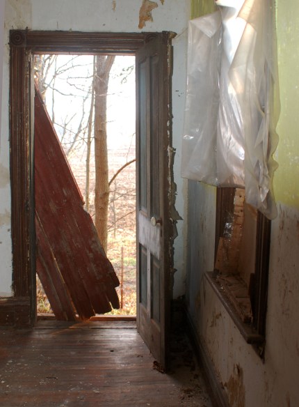 A view from inside the house, looking out the door.  A wood external door has come off its hinges and is leaning diagonally across part of the doorway. 