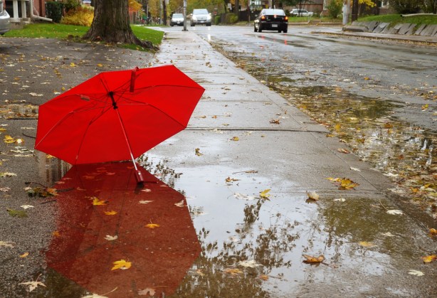 A red umbrella is lying on a wet sidewalk beside a large puddle. There are lots of leaves on the sidewalk as well.