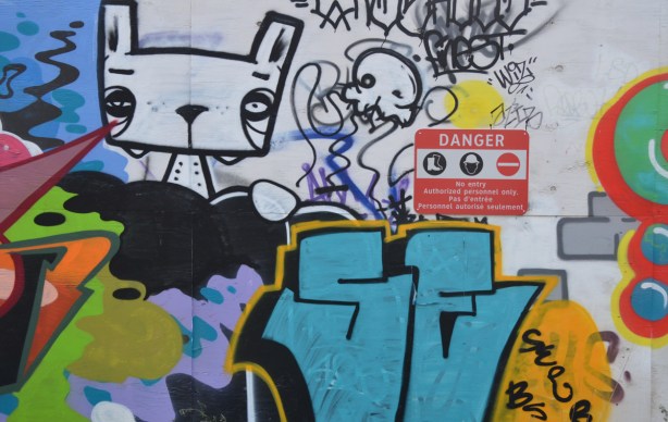 parts of a couple of pieces of graffiti. Multicoloured. Also in the picture is a black and white cat's head. 