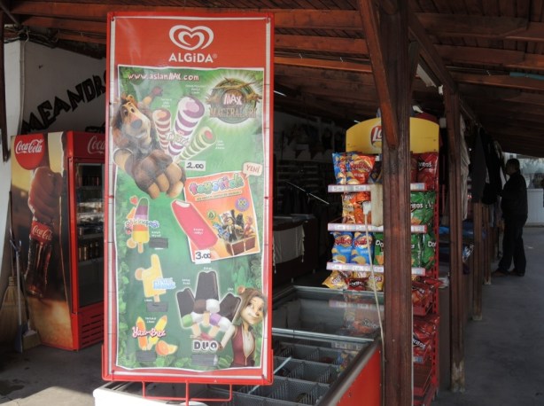 A large sign with pictures of the kinds of pre-packaged ice cream treats available for sale. Behind it is a shelf of Lays and Ripples potato chip products.