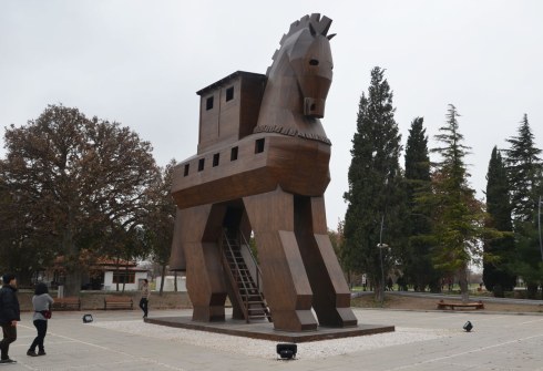 Large horse, hollow inside, and it has a ladder leading up into it so the tourists can climb up and go inside. There are windows to look out.