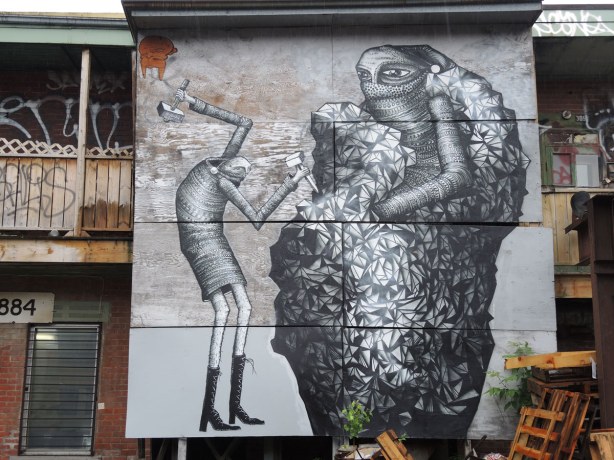 black and white line drawing mural