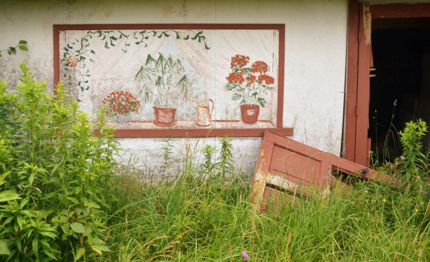 Part of the front of an abandoned house. A door has come off its hinges and is lying on its side on the ground. The wall is a painted board structure that was used to cover the sections between the cement block foundations. On it was painted a window frame and in that window frame a few potted plants were painted.