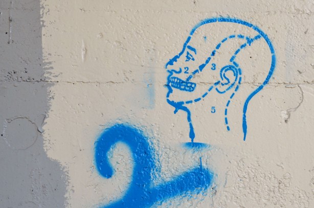graffiti under a bridge - line drawing of a man's head with dotted lines dividing it into sections that are numbered 