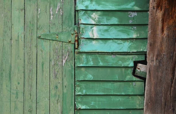 Close up of a green wall and door, showing the hinge which is also painted green 