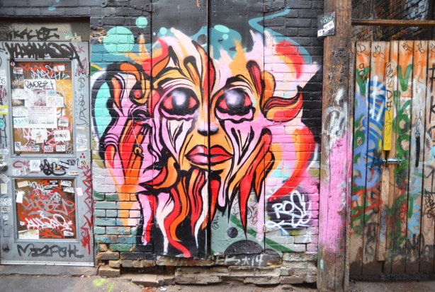 A bright and wild picture of a face with long long stylized hair in reds, oranges and pinks 