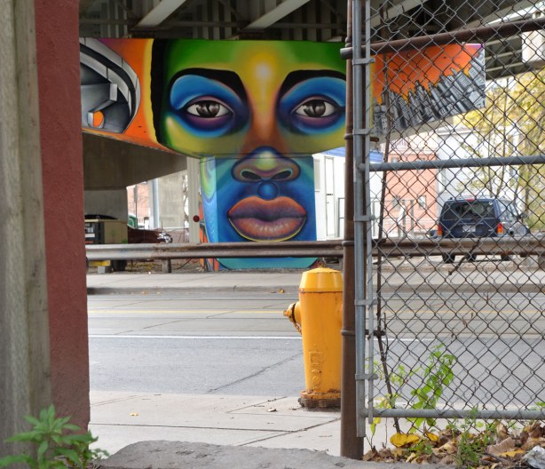 Paintings on the large T shaped concrete supports of the overpass,  a large multicoloured woman's face is on the concrete support that is across the street.  A chain link ffence and yellow fire hydrant are in the foreground. 