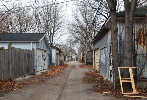 an alley with garages on both sides, also tall trees that have lost their leaves, small piles of dead leaves along the sides of the alley.