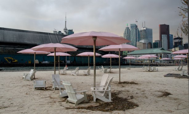 Sugar beach with its white chairs and pink umbrellas is in the foreground. The Toronto skyline is in the background, including the CN tower.