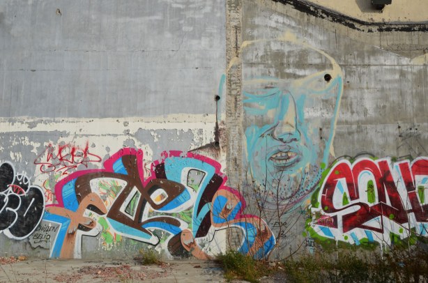graffiti on the back of the Tower Automotive building, a tall brick building - a large light blue face with tags on either side of it. 