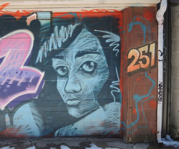 graffiti face, white on black, on one half of a garage door.  The number 251 is painted in oranges and yellows as well. 