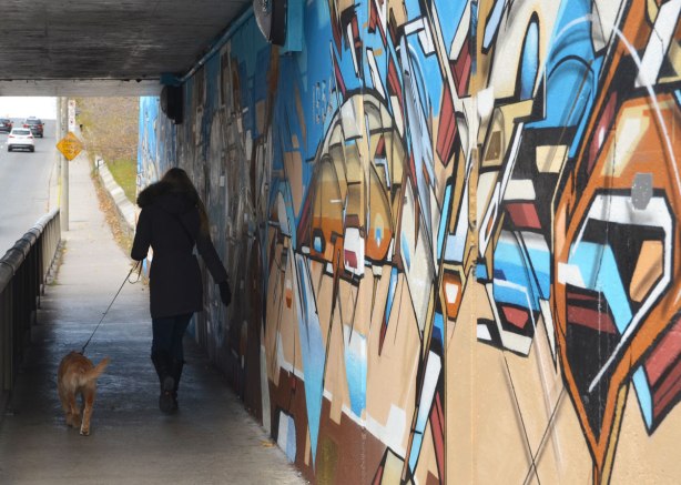 a woman walking her dog passes street art in blues and browns under a railway bridge