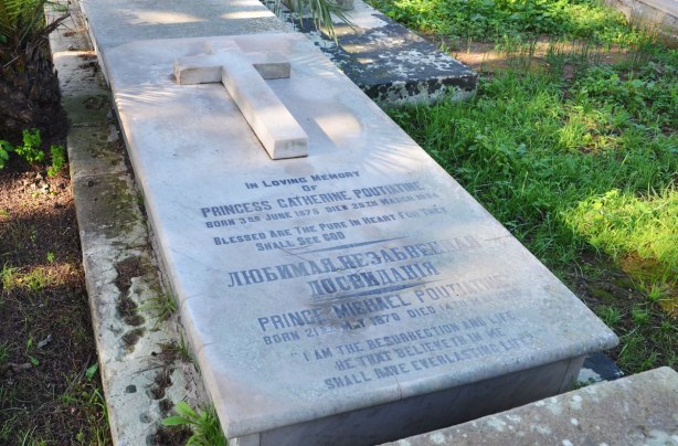 tombstone of Prince Catherine Poutiatine and Prince Michael Poutiatine who are burined in a Malta cemetery.