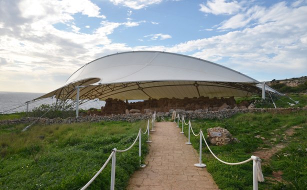 canopy covered limestone rock megaliths at Mnajdra prehistoric UNESCO site