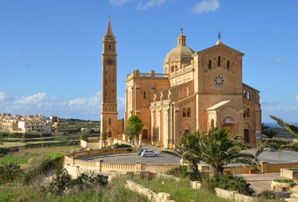 National Shrine of the Blessed Virgin of Ta’ Pinu, Gozo, closer view from a front corner,