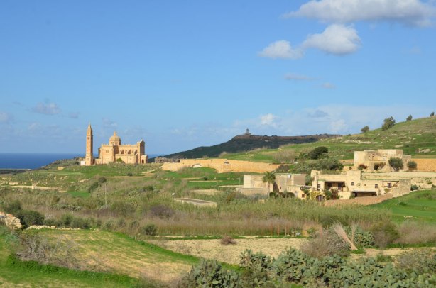 looking across the fields of Gozo to National Shrine of the Blessed Virgin of Ta’ Pinu