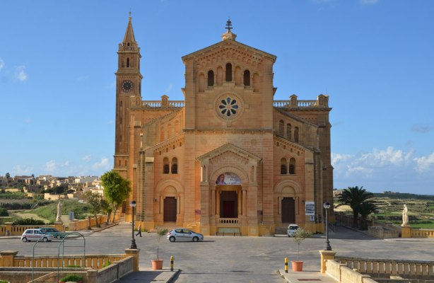 front view of the limestone church, National Shrine of the Blessed Virgin of Ta’ Pinu, Gozo,