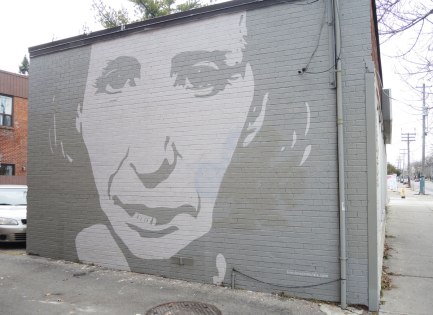 mural of a very large grey and white face on the side of a brick building