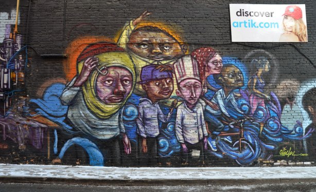 Mural of a group of people, one in a chef's outfit, one on a bike,