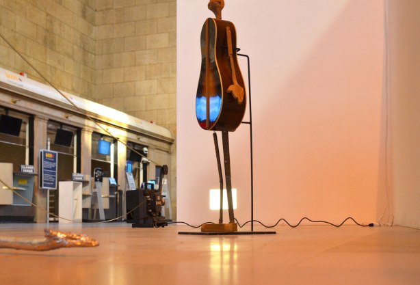 The projector is playing a loop of blank screen to a garbled soundtrack.