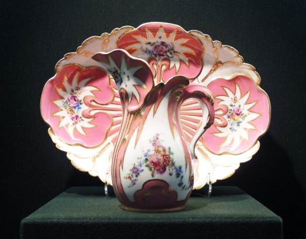 1757 Sevres ewer (water jug) and basin in pink and white with a tiny bit of blue, floral patterns