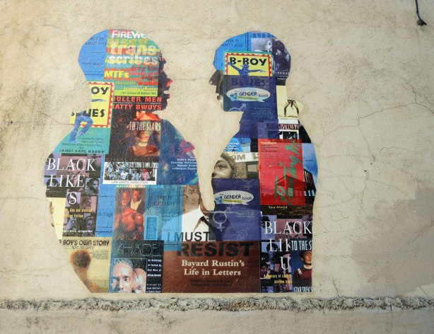 Two men talking to each other on a wall.  The men are shown from the waist up.  They are made of paper and pasted on the wall.  The paper is actually a collection of prints of book covers. 