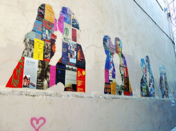 silhouettes of four couples either kissing or close together talking.  The silhouettes are collages of prints of book covers. 