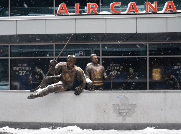 Bronze statues of Maple Leafs Darryl Sittler and Ted Kennedy in front of the Air Canada Center. 