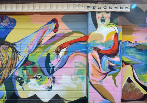 street art painting on a garage door in a laneway, a woman with open mouth under a row of eyes