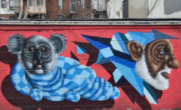 mural by birdo, red background,  a  man's head and an creature with an animal face and a body that looks like a blue checked sweater