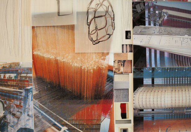 close up of part of a large collage art piece on a wall