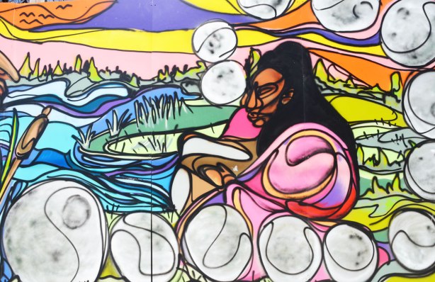 part of a First Nations story/legend themed mural painted on wood construction hoardings in Allan Gardens - a woman surrounded by circles (bubbles?) as she sits on the ground. 