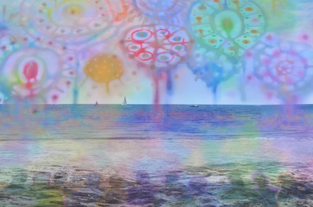 close up of the lake in a Very large photograph of a beach scene with sailboats out on the horizon and trees on both sides, superimposed with whimsical drawings of circles and swirls in blues, purples, greens, reds and yellows