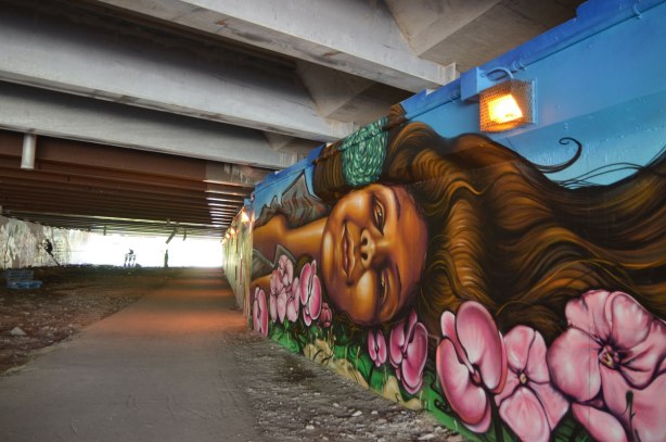 part of a mural on a concrete wall under a bridge under the 401 in Toronto, looking along the length of the wall with a woman's head lying on a bed of pink flowers in the foreground.  