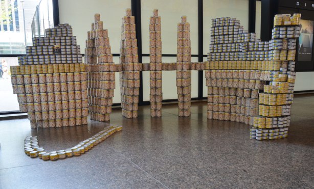 a large fish skeleton, a sculpture made of cans on display as part of a competition, representing oppor Tuna ty