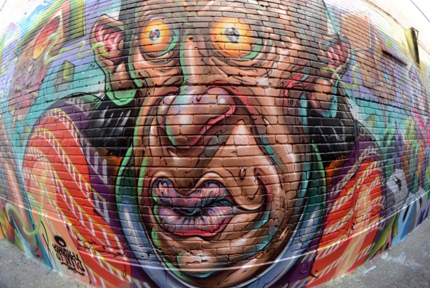 Part of a large colourful mural - a large wrinkly man's face with round bulging eyes