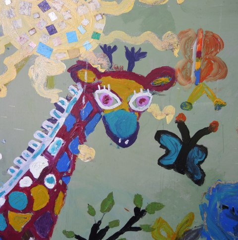 giraffe and two butterflies