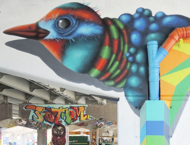 head of a colourful birdo bird with other street art in the background