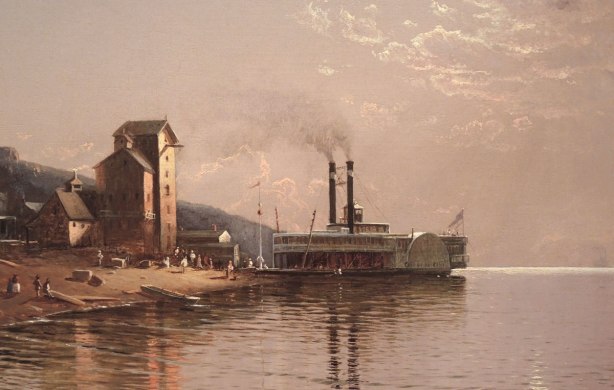 close up of part of an oil painting showing an old paddle wheel steam boat on a river 