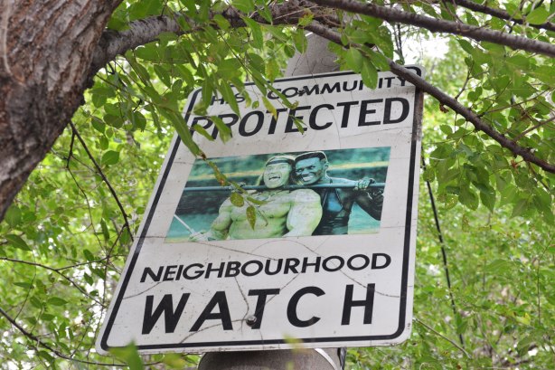 Neighbourhood watch sign with Grace Jones and Arnold Schwarzenegger from the movie 'Conan the Destroyer'